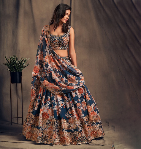 Blue & Peach-Coloured Embroidered Sequinned Shibori Semi-Stitched Lehenga & Unstitched Blouse With